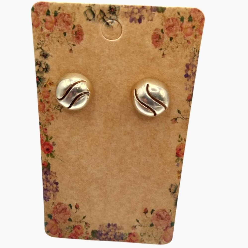 Gold Tone Earrings Dome Etched Ribbed Open Work Pierced Post